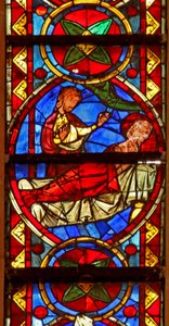 Fenster w213, Darstellung von Szenen aus dem Leben von St. Stephan und der Geschichte seiner Reliquien: Gamaliel erzählt Lucian im Traum den Ort der Beerdigung von Stephan