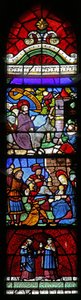 Fenster w22, das den Einzug in Jerusalem; die Anbetung der Heiligen Drei Könige; St. Kosmas und Damian darstellt von French School