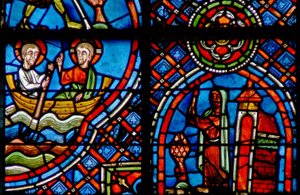 Fenster w23, Darstellung von St. Julian Hospitalier, der Christus jede Nacht auf der anderen Seite des Flusses trifft
