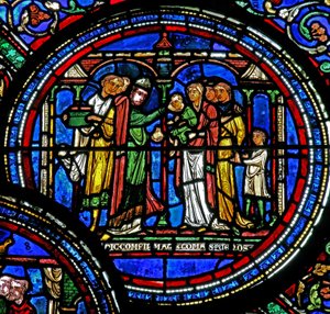 Fenster w23, Darstellung des Heiligen Thomas Becket, der Kinder bestätigt von French School