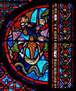Fenster w23 zeigt das Gleichnis von Dives und Lazarus: die Seele des Lazarus im Himmel