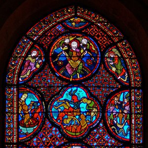 Fenster w23 zeigt das Gleichnis von Dives und Lazarus: der obere Abschnitt von French School