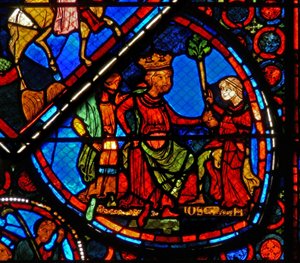 Fenster w24 zeigt eine Szene aus der Geschichte von Joseph: der Pharao träumt von den fetten und mageren Jahren von French School