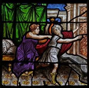 Fenster w25, das eine Szene aus der Geschichte von Joseph darstellt: mit der Frau des Potiphar von French School