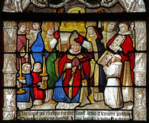 Fenster w31 zeigt eine Szene aus dem Leben von St. Denis: er wird zum Bischof geweiht