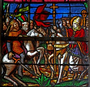 Fenster w3, der heilige Alpin verhindert, dass Attila Chalons plündert, darstellend