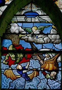 Fenster w5, Szene aus dem Buch der Offenbarung des Johannes: Ein Berg fällt ins Meer; Ein Drittel wird zu Blut von French School