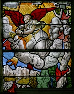 Fenster w5, Szene aus der Offenbarung des Johannes: Einer der sieben Engel mit Trompeten