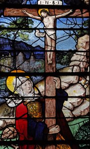 Fenster w5 mit einer Szene aus dem Leben der heiligen Maria Magdalena - die Heilige am Kreuz