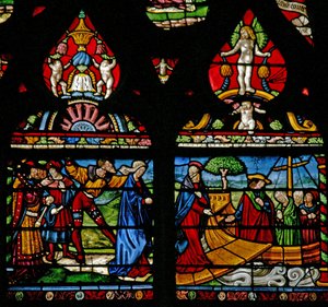 Fenster w6, Darstellung einer Szene aus dem Leben der Hl. Maria Magdalena - sie geht an Bord eines Bootes von French School