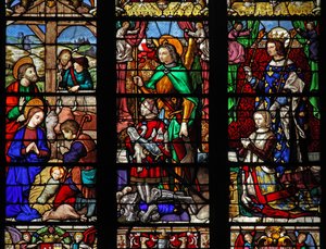 Fenster w6 mit der Geburt Christi und Hirten; Stifter und Schutzheilige