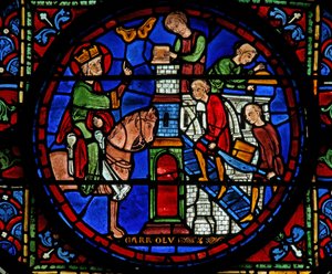 Fenster w7 mit dem Karl dem Großen Fenster: überwacht den Bau einer Kirche