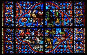 Fenster w9 mit Szenen aus der Geschichte von Joseph: Jakob schickt Joseph zu seinen Brüdern. Sie schmieden dann Pläne gegen ihn, während sie alle auf den Feldern arbeiten. von French School