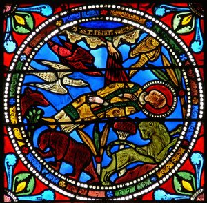 Fenster wXVII mit dem toten Körper des heiligen Stephanus, der den Tieren überlassen wird (?)