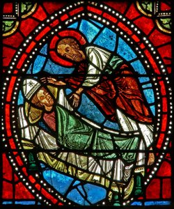 Fenster wXX mit St. Paulus, der St. Ambrosius in einem Traum die Überreste von St. Gervais und St. Protais offenbart von French School