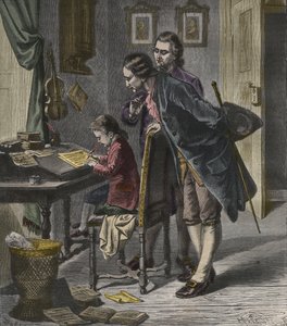 Wolfgang Amadeus Mozart schreibt ein Konzert in Anwesenheit seines Vaters Leopold, Illustration aus 