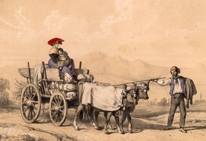 Frau und Kind in traditioneller Kleidung auf einem Wagen voller Säcke, ca. 1840 von French School