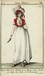 Frau mit Lisbeth-Hut in der Mode von 1798 (handkolorierte Kupferstichgravur)