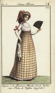 Frau mit Primerose-Hut Mode von 1798 (handkolorierte Kupferstichgravur)