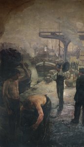 Arbeiter entladen Kohle von einem Lastkahn, frühes zwanzigstes Jahrhundert