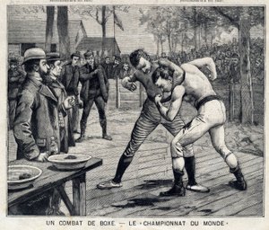 Weltmeisterschaft: Boxkampf zwischen Jim Corbett und Bob Fitzsimmons in Carson, Nevada, USA: In Le Petit Parisien am 11.04.1897. Private Sammlung