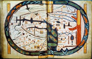 Weltkarte von Saint Sever. Miniatur aus den Kommentaren zur „Apokalypse nach Johannes“ von 775, geschrieben von dem Mönch Beatus von Liebana