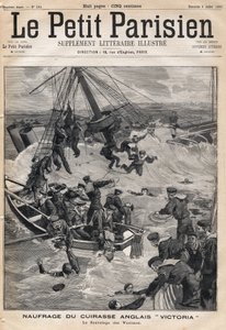 Wrack des englischen Panzerschiffs „Victoria“ nach einer Kollision an der Küste Syriens und Rettung der Opfer. In „Le Petit Parisien“ am 09.07.1893 (Gravur) von French School