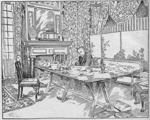 Schriftsteller Alexandre Dumas Jr. (1824-1895) in seinem Arbeitszimmer. Gravur in „La gazette du dimanche“ vom 12. Dezember 1895