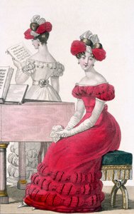 Junge Frau in einem Krepp-Abendkleid mit aufwendigem Kopfschmuck, Anzeige in Modes de Paris, ca. 1825