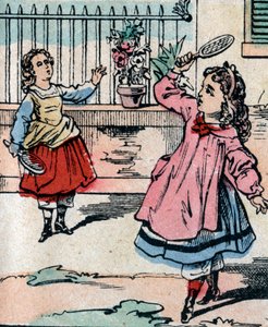 Junge Mädchen spielen Federball, frühes Spiel ähnlich wie Badminton - Epinal Bild - 19. Jahrhundert (Gravur)