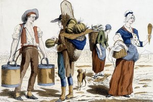 Illustration von Pariser Kostümen im 18. Jahrhundert: Wasserträger, Melonenhändler, Lumpensammler, Vergnügungshändler. von French School