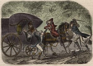 Die Lyoner Postkutschenaffäre - Affaire du courrier de Lyon - die Postkutsche wird am 28. April 1796 in Seine-et-Marne von 5 Personen überfallen - Gravur in „Causes celebres de tous les peuples“ von Armand Fouquier (1817-18?) 1858-1867 - private Sammlung von French School