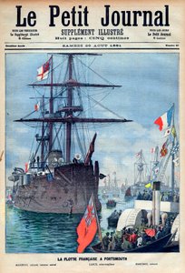 Die französische Flotte in Portsmouth: Flaggschiff „Marengo“, der Aviso-Torpedo „Lance“ und das Schlachtschiff „Marceau“, Titelseite des Petit Journal vom 29. August 1891 (Gravur) von French School