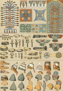 Babylonische und assyrische Kopfbedeckungen und Schuhe (Druck) von Friedrich (after) Hottenroth