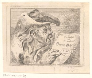 Büste eines alten Bauern mit einem Pamphlet in den Händen