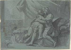 Umarmende Liebende in klassischer Kleidung / Eine Frau in klassischer Kleidung schaut nach oben