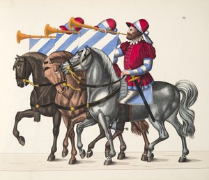 Drei Musiker bei einem Turnier, Platte aus Eine Geschichte der Entwicklung und Bräuche der Ritterlichkeit, von Dr. Franz Kottenkamp, veröffentlicht von Carl Hoffmann, 1842 von Friedrich Martin von Reibisch