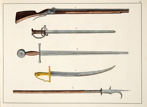 Waffen einschließlich Schwerter und Speere, ca. 1400, Tafel aus A History of the Development and Customs of Chivalry, von Dr. Franz Kottenkamp, veröffentlicht von Carl Hoffmann, 1842
