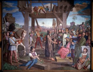 Erster Kreuzzug: Vorbereitungen zum Angriff auf Jerusalem. Darstellung von Godefroy de Bouillon, sitzend vor Peter dem Einsiedler (Fresko)