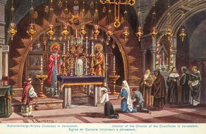 Altar der Kreuzigung, Kirche des Heiligen Grabes, Jerusalem (Farblithografie) von Friedrich Perlberg