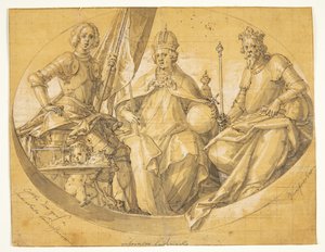 Entwurf für ein ovales Deckenbild(?) darstellend die Könige Otto der Große (912-973), Ludwig der Reiche (1417-1479) und Ruprecht (1352-1410)