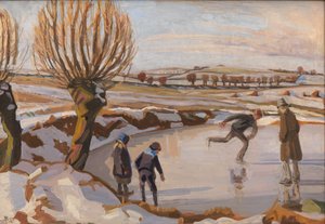 Der Winter ist gekommen. Landschaft mit Schlittschuhläufern