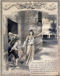 1789: Erklärung der Menschen- und Bürgerrechte: Die Freiheit. Gravur in "Das einzigartige Buch der Moral und staatsbürgerlichen Erziehung, bestimmt für die Schüler der drei Kurse der Grundschule und für die Schüler der Grundklassen der Gymnasien und Colleg von G. Dascher
