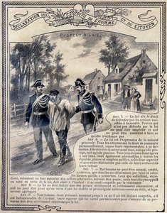 1789: Erklärung der Menschen- und Bürgerrechte: Achtung vor dem Gesetz. Gravur in "Das einzigartige Buch der Moral und staatsbürgerlichen Unterweisung, bestimmt für die Schüler der drei Kurse der Grundschule und für die Schüler der Grundklassen der Gymnasi von G. Dascher