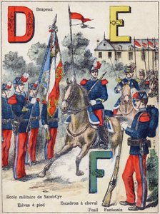 Buchstaben D E F: Flagge, Militärschule von Saint-Cyr (Saint Cyr), Schüler zu Fuß, Pferdeeskadron, Gewehr und Infanterist, ca. 1900 von G. Dascher