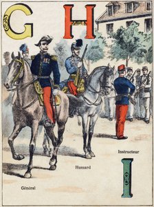 Buchstaben G H I: General, Husar und Ausbilder. Gravur in "Alphabet militaire", Grand-Bebe-Serie. Gravur. Pont-a-Mousson Imaging. Louis Vagne, Drucker-Verleger, um 1900. Illustrationen von G. Dascher. 20 Seiten. Maße: 31,5x24,5cm von G. Dascher