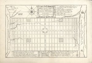 Der erste Plan für Philadelphia, entworfen von William Penn und Thomas Holme im Jahr 1682, 1684 von G. Drogenham