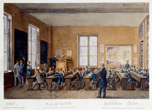 Ein Klassenzimmer der Institution Caillet, rue de la Cite, Paris, 1845. Aquarell von G. Remy
