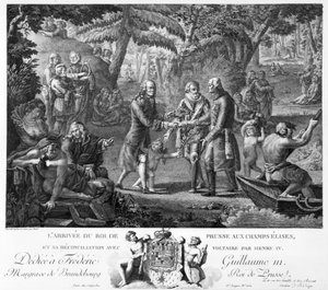 Henri IV (1553-1610) versöhnt Friedrich Wilhelm II (1744-97) und Voltaire (1694-1778) auf den Elysischen Feldern, 2. Hälfte des 18. Jahrhunderts