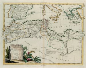 Die Barbarei-Küste oder die Königreiche Marokko, Fès, Algerien, Tunesien und Tripolis mit umliegenden Ländern, Stich von G. Zuliani aus Band IV des "Neuesten Atlas" veröffentlicht in Venedig 1784 von Antonio Zatta, Privatsammlung